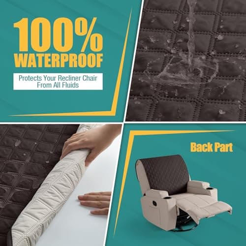 100% Waterproof Recliner Chair Covers, Non-Slip Headrest Protection, Washable Straps Included, Chocolate