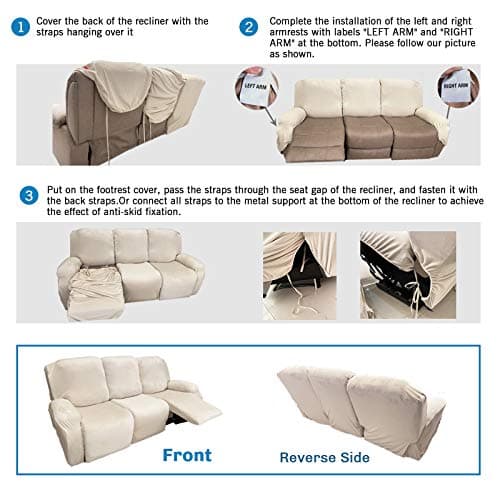 MAXIJIN Stretch Velvet Reclining Sofa Covers, 8 Pieces Grey (3 Cushion)