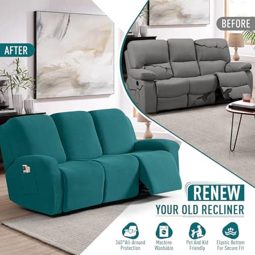 TAOCOCO Peacock Blue 8-Piece Stretch Recliner Sofa Cover