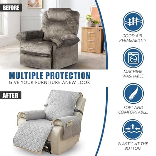 100% Waterproof & Non-Slip Recliner Sofa Cover, Pet Protection with Elastic Straps (Light Grey, 23")