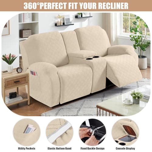 VANSOFY Stretch Reclining Sofa Cover for 2 Seat Jacquard Couch with Middle Console (Cream)