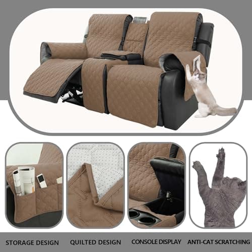 Waterproof Grayish Brown Recliner Cover with Center Console, Pet & Kids Protector