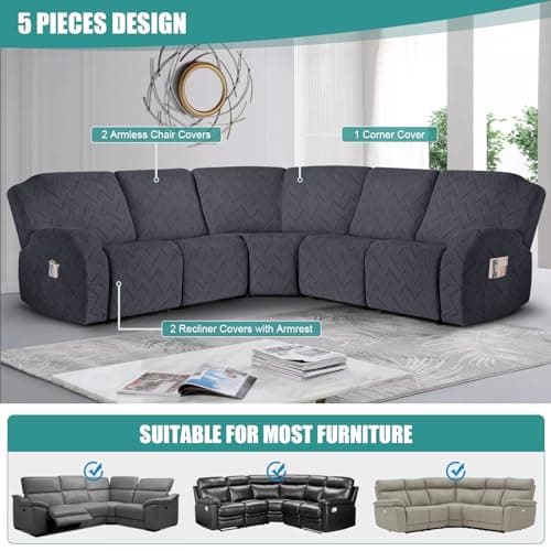 Ruaozz Stretch Sectional Recliner Sofa Covers for L-Shaped Sofa, Dark Gray