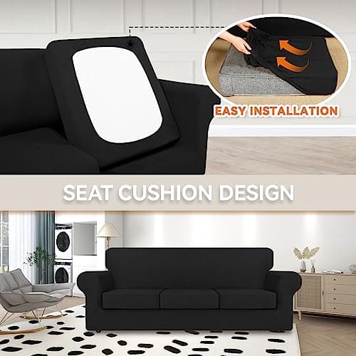 KEKUOU 4-Piece Stretch Sofa Covers for 3 Cushion Couch, Pet-Friendly and Washable (Sofa, Black)