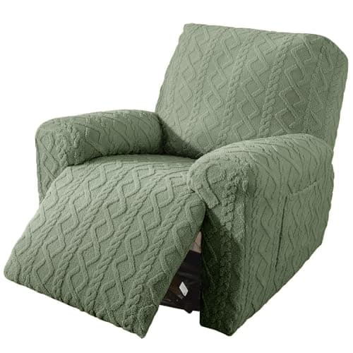 Cream 4-Piece Geometric Jacquard Plush Recliner Slipcovers for Couch (Kids, Cats, Dogs) — Green