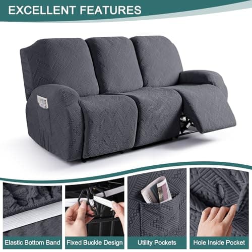 Ruaozz Dark Gray 3 Seater Recliner Sofa Covers with Pockets