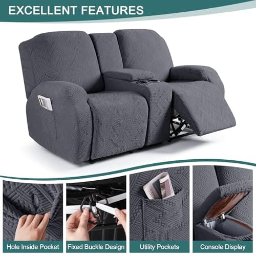 Ruaozz Dark Gray Stretch Loveseat Recliner Cover with Console Pockets