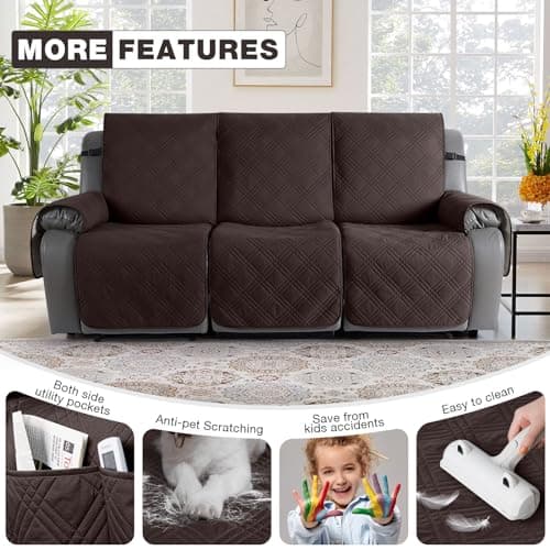 Waterproof Recliner Sofa Cover for 3 Seat Couch - Non Slip, 3-Piece with Straps, Washable - Kids and Pets (3 Seater, Chocolate)