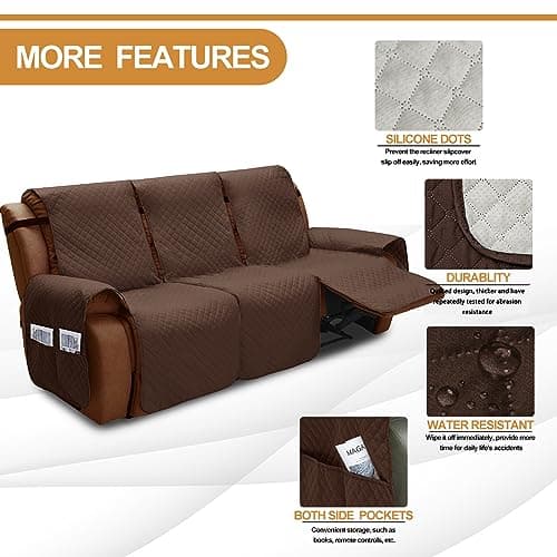 XINEAGE Coffee-colored Water Resistant 3 Seat Recliner Cover with Pockets