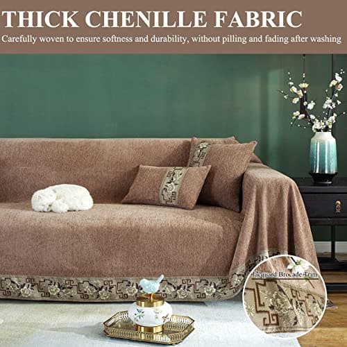 DREAMINGO Thickened Chenille Couch Cover, X-Large Brown, Multi-Use Dog and Cat Protector