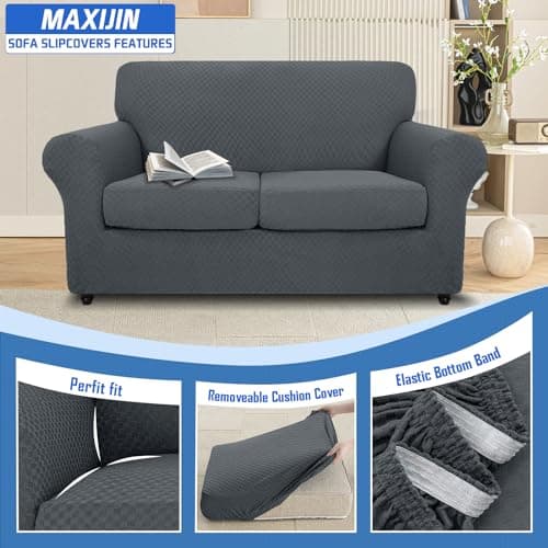 MAXIJIN Dark Gray Non-Slip Loveseat Couch Cover Elasto Protector