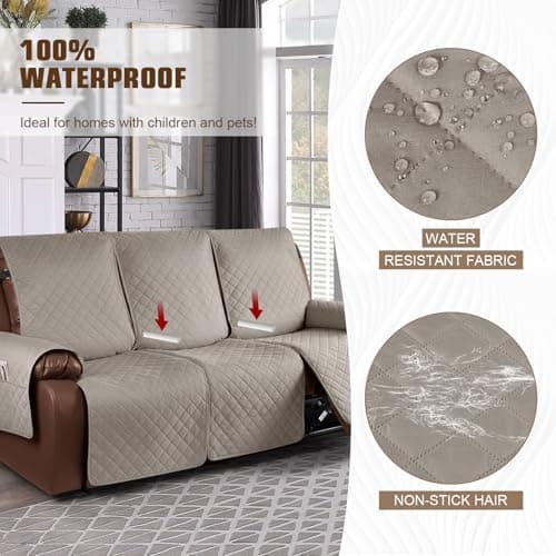KinCam Waterproof Recliner Sofa Cover, Khaki, 3 Seat Recliner Furniture Protector