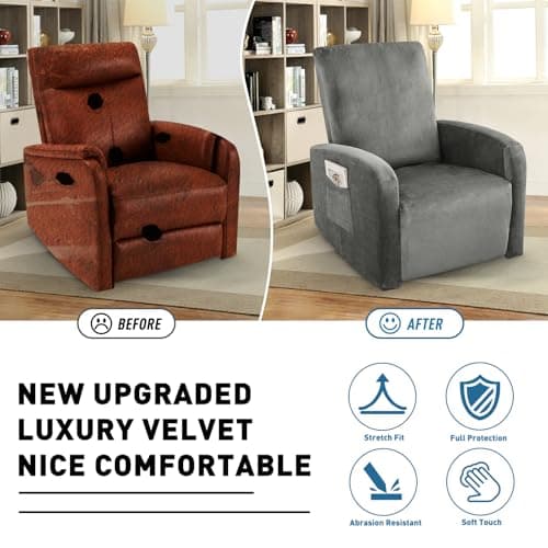 Lazy Boy Velvet Recliner Cover 3-Piece Elastic Stay in Place (Grey)