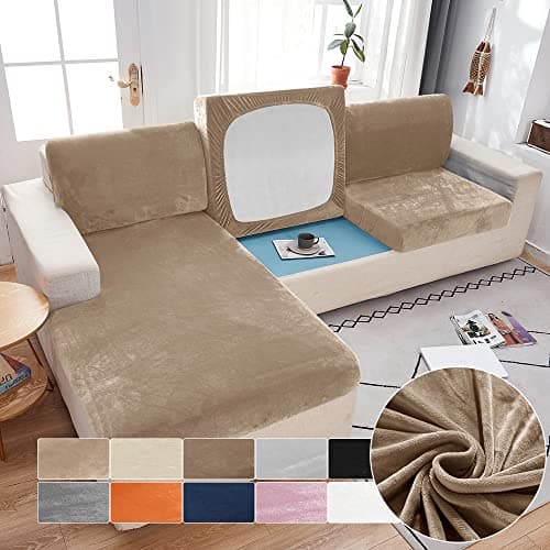 Wear-Resistant Stretch Velvet L-Shaped Sofa Cover for Left/Right Sectionals (Camel, Single Seat)