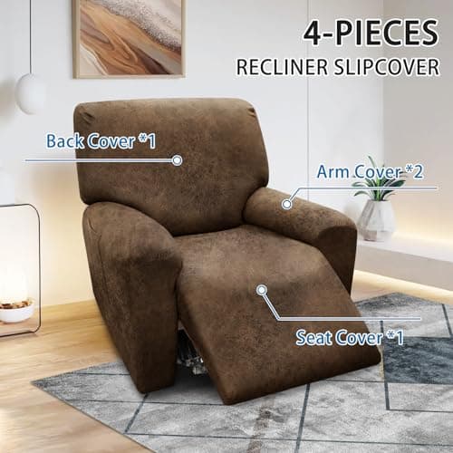 Brown Leather Look Recliner Chair Cover 4-Pieces Slipcover with Pockets