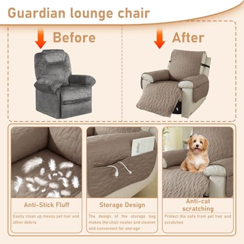 100% Waterproof Recliner Chair Covers, Non-Slip & Pockets for Kids & Pets, Khaki, 23IN