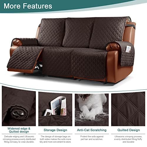 Ruaozz Waterproof Recliner Sofa Cover for Reclining Couches (Chocolate, 3 Seater) OEKO-TEX STANDARD 100 Kid and Pet Friendly Washable Protective Cover with Elastic Straps Pocket