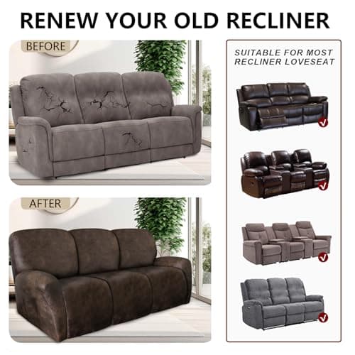 Leather Look 3-Seater Recliner Couch Cover, Brown, Spandex Fabric