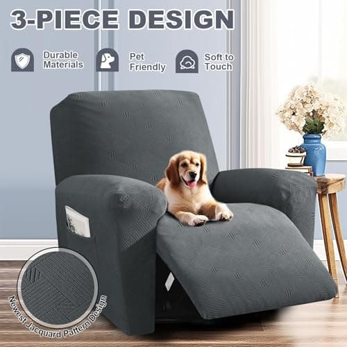 JIVINER Dark Gray Recliner Chair Covers, 3 Pieces Stay in PlaceStretch Cover for Washing Recliner Seat with Pockets