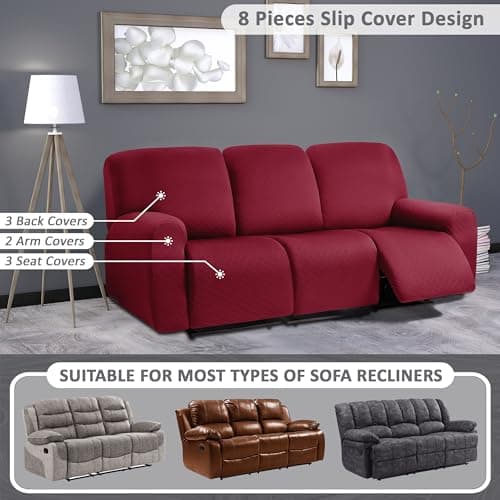 ULTICOR Squared Jacquard 8-Piece Recliner Sofa Covers (Burgundy - Wine)