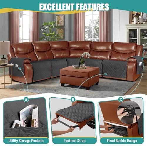 Ruaozz Extra Large Waterproof Recliner Sectional Couch Cover for L Shape 5 Seat Reclining Sofa (Charcoal Grey, OEKO-TEX STANDARD 100)
| Ruaozz L Shape 5 Seat Recliner Sectional Couch Cover with Pockets (Extra Large, Charcoal Grey, OEKO-TEX STANDARD