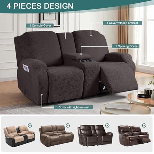 Ruaozz Stretch Loveseat Recliner Covers for 2 Seater Recliner Sofa with Pockets and Elastic Straps
| Ruaozz Chocolate Jacquard Reclining Couch Covers with Console for Recliner Loveseat
| Ruaozz OEKO-TEX STANDARD 100 Stretch Recliner Covers with Bott