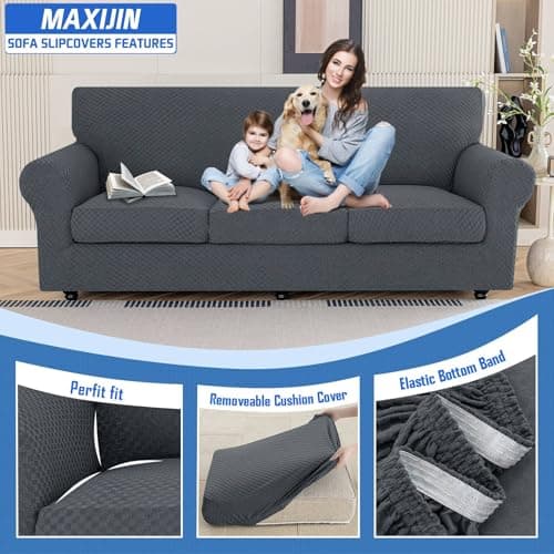 MAXIJIN 4-Piece Dark Gray Non-Slip Couch Cover for 3-Cushion Sofa Pet Friendly
