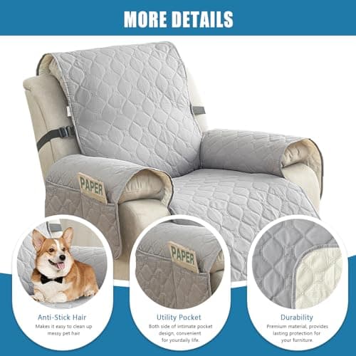 100% Waterproof & Non-Slip Recliner Sofa Cover, Pet Protection with Elastic Straps (Light Grey, 23")