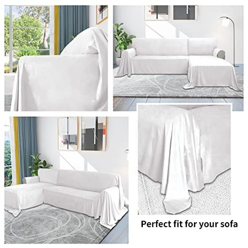 Luxury White Velvet Sectional Couch Cover, L-Shaped Sofa Slipcover (Small)