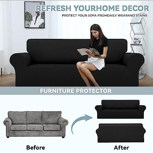 Oversized Sofa Slipcovers for 3 Cushion Couch with Elastic Bottom, Suitable for Kids and Pets (X-Large, Black)