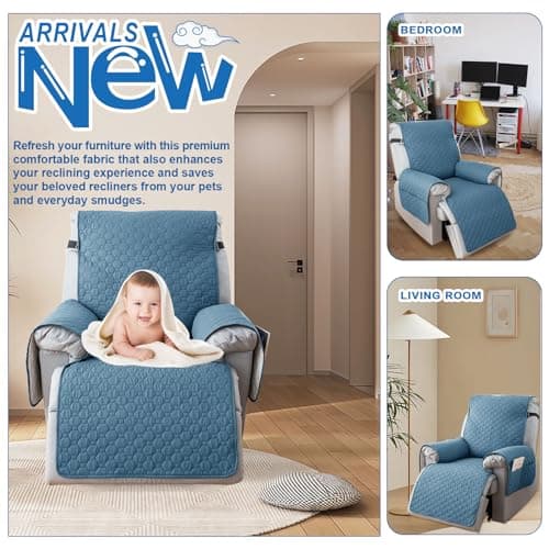 100% Waterproof Non-Slip Recliner Cover with 5 Pockets, Gray Blue