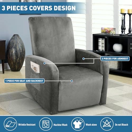 Lazy Boy Velvet Recliner Cover 3-Piece Elastic Stay in Place (Grey)