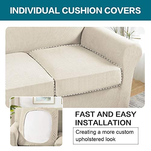 Turquoize 3-Piece Sofa Covers for 2-Cushion Couch, Washable Biscotti Beige Jacquard Slipcovers