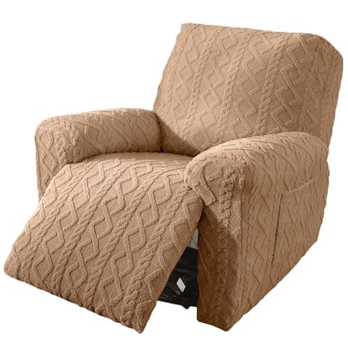 Cream 4-Piece Geometric Jacquard Plush Recliner Slipcovers for Couch (Kids, Cats, Dogs) — Brown