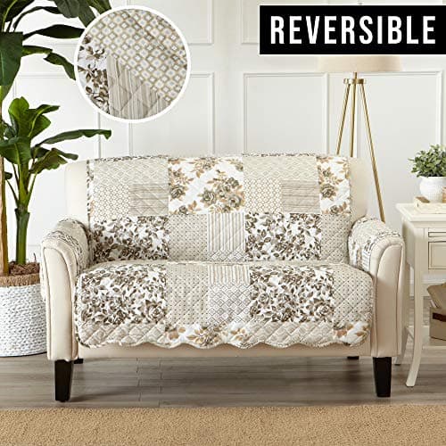 Great Bay Taupe Patchwork Scalloped Furniture Protector for Loveseat