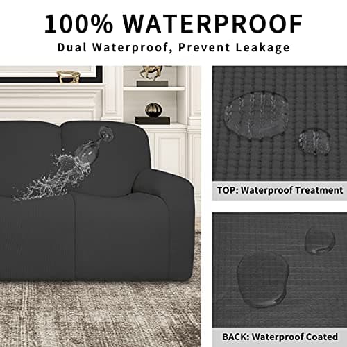 Dual Waterproof 100% Stretch Recliner Sofa Cover, 8-Piece Jacquard Slipcover (Dark Gray, 3 Seat Sofa)