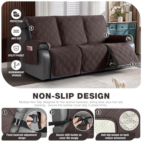 Waterproof Recliner Sofa Cover for 3 Seat Couch - Non Slip, 3-Piece with Straps, Washable - Kids and Pets (3 Seater, Chocolate)