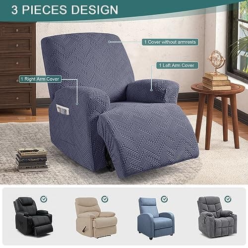 Ruaozz 3-Piece Recliner Chair & Universal Sofa Cover with Elastic Straps Grey