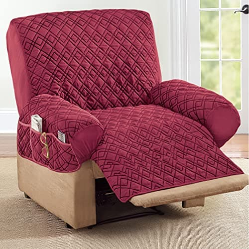 Burgundy Diamond-Shape Quilted Stretch Recliner Cover with Storage, Furniture Protector