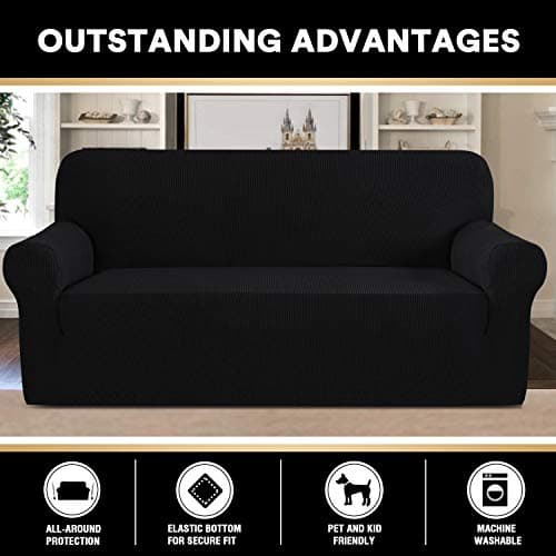 PrinceDeco Stretch Sofa Cover for 3 Cushion Couch (Sofa, Black)