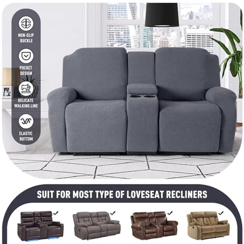KinCam Loveseat Recliner Slipcover with Middle Console, 2 Seat Couch Protector (Dark Gray)