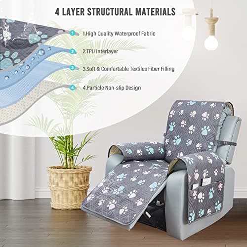 BOCTOPUG Reversible 23 Inch Grey+Colorful Paw Water Resistant Recliner Sofa Slipcover