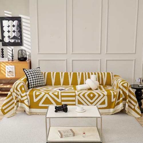 DREAMINGO Thickened Chenille Couch Cover, X-Large Brown, Multi-Use Dog and Cat Protector — A2# Mustard Yellow(boho Geometric)