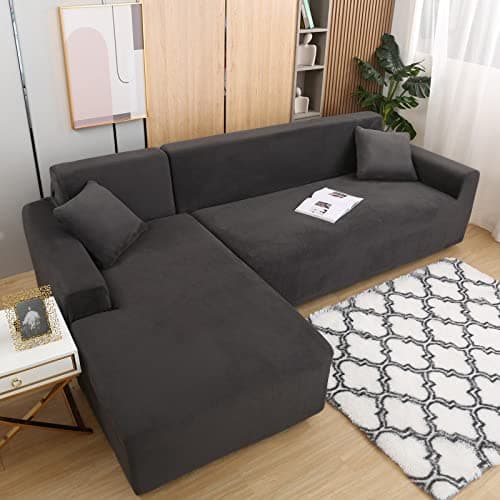 Dark Grey Velvet Stretch Couch Covers for 3+3 Seater L-Shaped Sectionals (Anti-Slip)