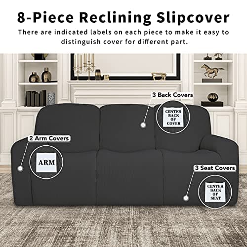Dual Waterproof 100% Stretch Recliner Sofa Cover, 8-Piece Jacquard Slipcover (Dark Gray, 3 Seat Sofa)
