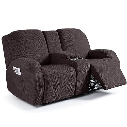 Stretch Loveseat Recliner Cover with Console - 4 Piece Sofa Cover with Pockets - Jacquard Furniture Protector for 2 Seater Couch - Chocolate
