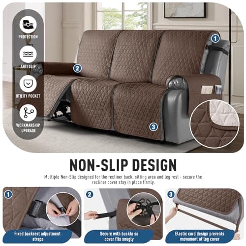 TAOCOCO 100% Waterproof Recliner Sofa Cover, Non-Slip Brown 3 Seater