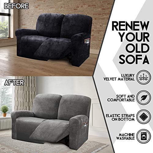 ULTICOR 6-Piece Velvet Reclining Love Seat Slipcover (Dark Grey)