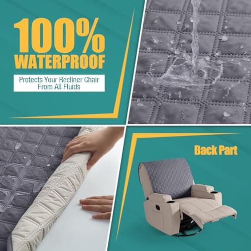 Waterproof Recliner Chair Cover with Straps, Dark Grey, Washable - for Reclining Chairs