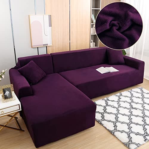 Dark Grey Velvet Stretch Couch Covers for 3+3 Seater L-Shaped Sectionals (Anti-Slip) — Purple